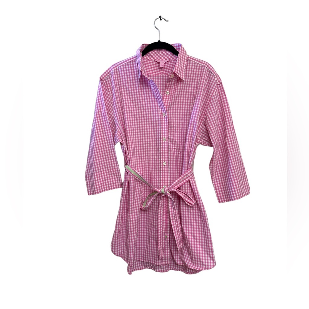Lily Pulitzer Pink Button Up Gingham Tunic Dress Shirt Sz M
